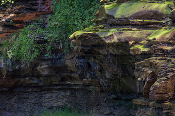 Fototapeta premium Water dripping over rock ledge covered in moss 