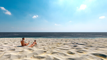 3d illustration - couple enjoying in the sand of paradisiacal beach - 3d rendering.