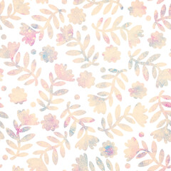 Seamless pattern. Floral ornament. Background. Raster illustration. Interior and clothing design. Printing on paper or fabric. Light watercolor background with flowers.