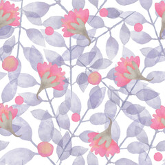 Fototapeta na wymiar Seamless pattern with floral ornament. Background. Raster illustration for design, for printing on paper and fabric. Pink watercolor flowers and lilac leaves on a white background.