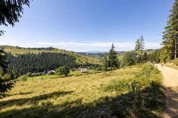 Panorama of mountains in the Ukrainian Carpathians on a summer day.