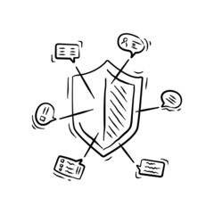 Vector illustration of shield in doodle style on white background.