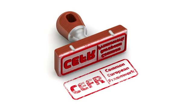 CEFR. The stamp and an imprint. The seal stamp leaves a red imprint CEFR. Common European Framework of Reference for Languages: Learning, Teaching, Assessment on a white surface. Footage video
