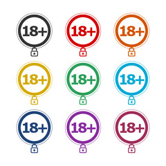 Plus 18 prohibition sign for people under eighteen years of age color set