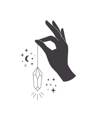 Hand with celestial mystical symbols. Mystical, esoteric or healing crystal. Linear art. Editable strokes. Vector illustration