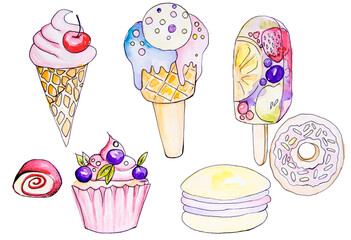 Collection. Watercolor drawing set of cake with pink cream and popsicle ice cream with berries. gentle tones of horns with cherries. illustration for print