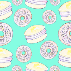 Watercolor drawing of pink sweet donuts with a sprinkle of sugar and a penny cake. Cake on a blue background. Seamless pattern in gentle colors. illustration for print