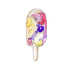 Watercolor drawing ice cream popsicles with berries and lemon. Cold dessert cone.