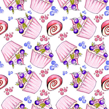 Watercolor drawing of a cake with pink cream and berries. Delicious and sweet cake. Seamless pattern in gentle colors. illustration for print