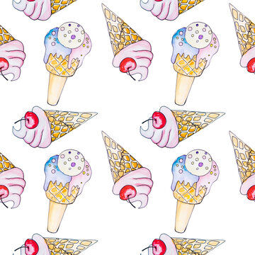 Watercolor drawing of pink, blue and yellow ice cream with caramel crumbs. Seamless pattern. Cold dessert cone.