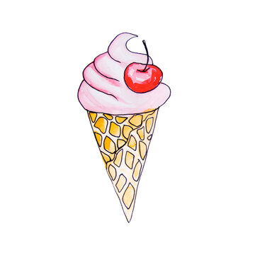 Watercolor drawing Pink berry ice cream with cherry. Cold dessert cone.