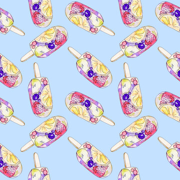 Watercolor drawing ice cream popsicles with berries seamless pattern. Cold dessert cone. waffle cup