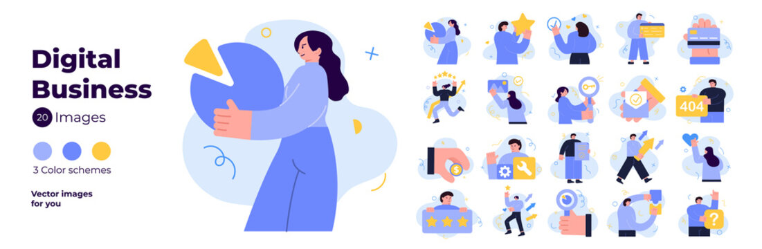 Social Media Marketing vector illustrations. Mega set with different scene. Collection of scenes with men and women taking part in business activities. Trendy vector style in 3 color theme