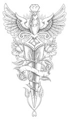 knife design with pink wings and branches