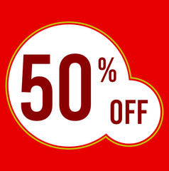 50 percent red banner with white ballons and red lettering for promotions and offers