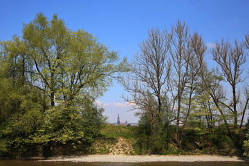 Die Iller bei Neu-Ulm mit Blick auf das Ulmer Münster