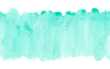 Watercolor pastel sea green background banner. Stains on paper, hand painted. Isolated border