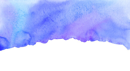 Watercolor blue, purple background texture. Isolated border. Stains on paper, hand painted banner.