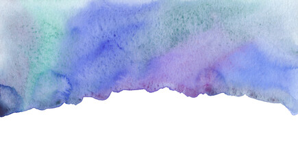Watercolor blue, purple, green background texture. Isolated border. Stains on paper, hand painted banner.