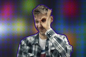 comics style of young smiling happy cut out man portrait, creative idea