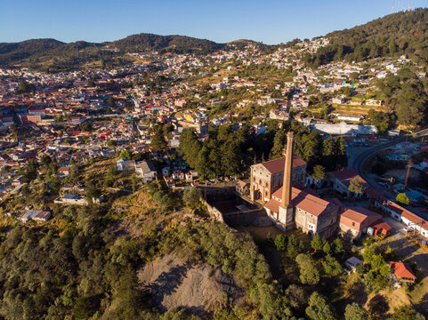 Aerial Drone Shot of Silver Mine in Real Del Monte, Hidalgo, Mexico. Magic City near the Pachuca city at sunrise