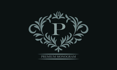 Exquisite logo design with letter P. Sign template for restaurant, royalty, boutique, cafe, hotel, heraldic, jewelry, fashion.
