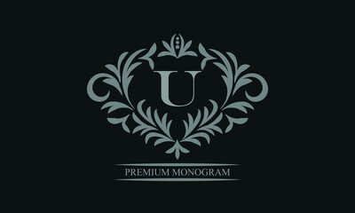 Exquisite logo design with letter U. Sign template for restaurant, royalty, boutique, cafe, hotel, heraldic, jewelry, fashion.