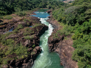 aerial view of the rapids of the Paranapanema river called Garganta do Diabo in the city of Piraju