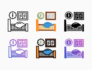 sleep bed icon set with different styles. Style line, outline, flat, glyph, color, gradient. Editable stroke and pixel perfect. Can be used for digital product, presentation, print design and more.
