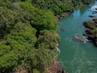 aerial view of the rapids of the Paranapanema river called Garganta do Diabo in the city of Piraju