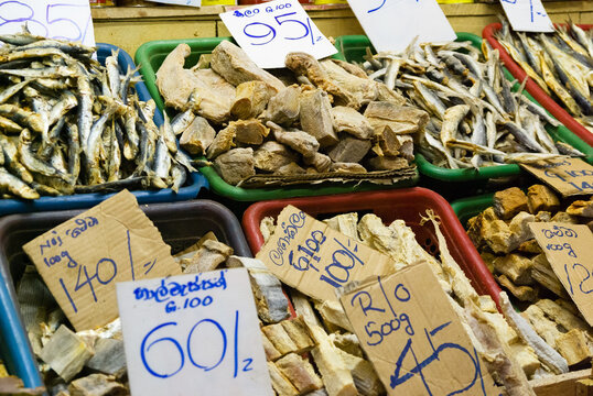 Various kinds of dryfish for sale in Kandy Market, Sri Lanka