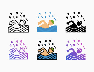 swimming icon set with different styles. Style line, outline, flat, glyph, color, gradient. Editable stroke and pixel perfect. Can be used for digital product, presentation, print design and more.