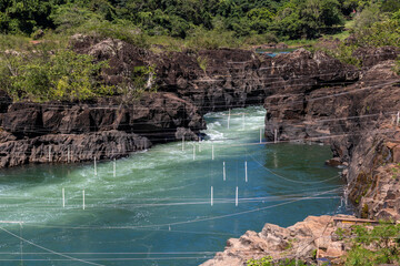 aerial view of the rapids of the Paranapanema river called Garganta do Diabo in the city of Piraju