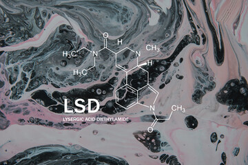 LSD Lysergic acid diethylamide banner and concept. Block letters on bright orange background....