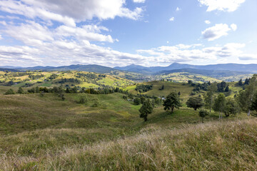 Panorama of mountains in the Ukrainian Carpathians on a summer day.