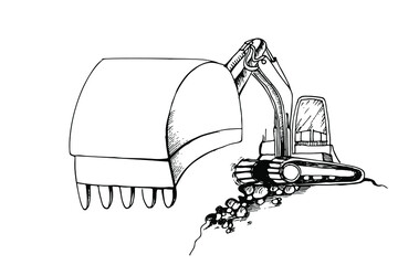 Excavator with digger front. Construction site. Backhoe hand drawn illustration. Vector. © Jo_Ana