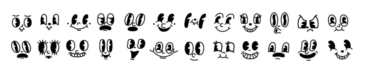 Retro 30s cartoon mascot characters funny faces. 50s, 60s old animation eyes and mouths elements. Vintage comic smile for logo vector set. Smiley caricatures with happy and cheerful emotions