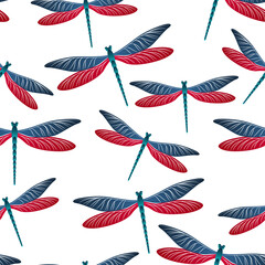 Dragonfly simple seamless pattern. Repeating dress textile print with flying adder insects. Garden