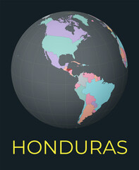 World map centered to Honduras. Red country highlighted. Satellite world view centered to country with name. Vector Illustration.