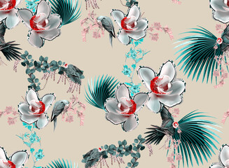 Naklejka premium abstract Seamless floral pattern, with flowers on summer background, geometric template design for textiles, clothes, wallpaper