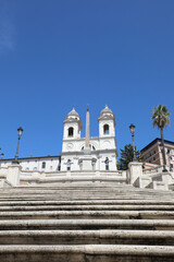 Rome, RM, Italy - August 16, 2020: Spanish Steps and Trinita dei Monti Church without people