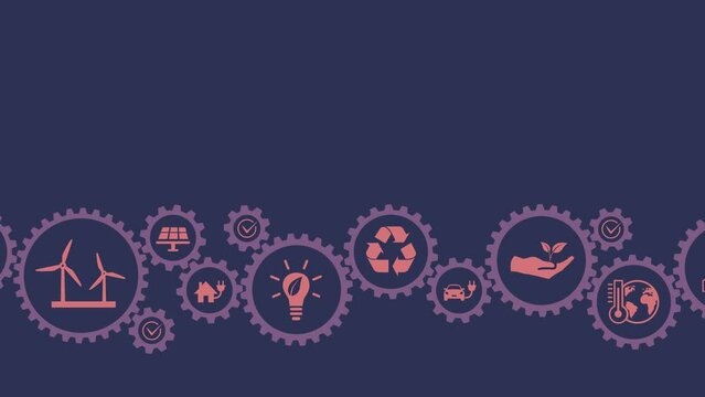 Ineinandergreifende Zahnr&auml;der mit Symbolen aus dem Bereich &Ouml;kologie, Umwelt, Wirtschaft