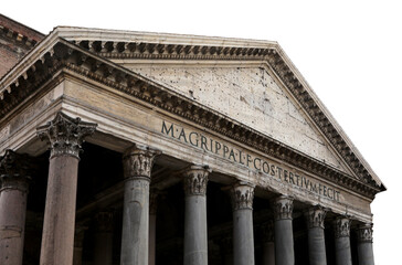 Naklejka premium Rome, RM, Italy - August 16, 2020: Facade of Ancient Roman Temple called Pantheon and latin roman Text that means Marco Agrippa son of Lucio, consul for the third time, built