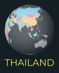 World map centered to Thailand. Red country highlighted. Satellite world view centered to country with name. Vector Illustration.