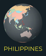 World map centered to Philippines. Red country highlighted. Satellite world view centered to country with name. Vector Illustration.