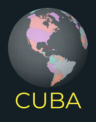 World map centered to Cuba. Red country highlighted. Satellite world view centered to country with name. Vector Illustration.