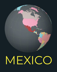 World map centered to Mexico. Red country highlighted. Satellite world view centered to country with name. Vector Illustration.