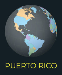 World map centered to Puerto Rico. Red country highlighted. Satellite world view centered to country with name. Vector Illustration.