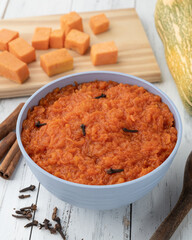 Traditional brazilian pumpkin sweet dessert with ingredients