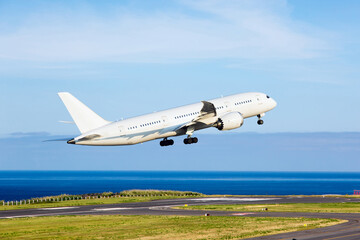 Passenger plane takes off from the airport runway. Aircraft takes off against the background of the...